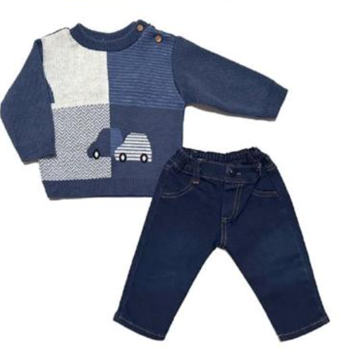 Conjunto dos piezas sueter marino o sueter caki con estampaado de carro y pantalon para bebe niño | mexicano