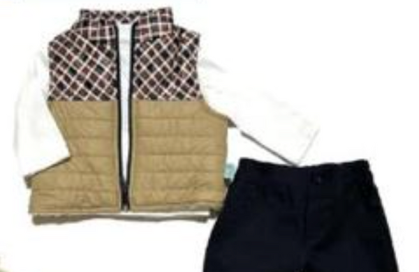 Conjunto tres piezas chaleco caki, playera ivory y pantalon marino para bebe niño | mexicano