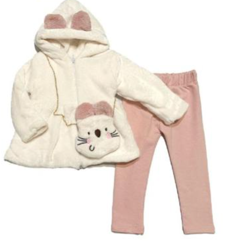Conjunto dos piezas chamarra afelpada y pantalon rosita y bolsa de conejo para niña| mexicana