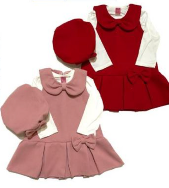 Jumper rosa o rojo con playera ivory y bonete del mismo color para niña | mexicana