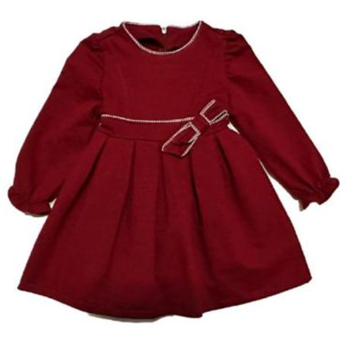 Vestido color tinto con detalle de lazo al frente y manga larga para niña | mexicana