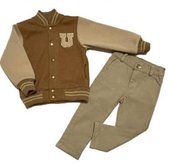 Conjunto dos piezas chamarra cafe y pantalon caki para niño | mexicano