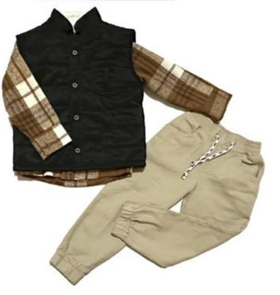 Conjunto tres piezas chaaleco negro o militar camisa a cuadros y pantalon para niño | mexicana