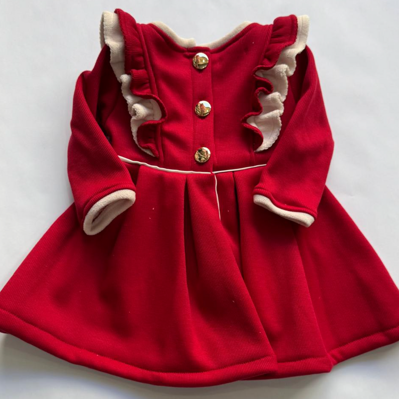 Vestido rojo  con olanes y lazos al frente para niña|