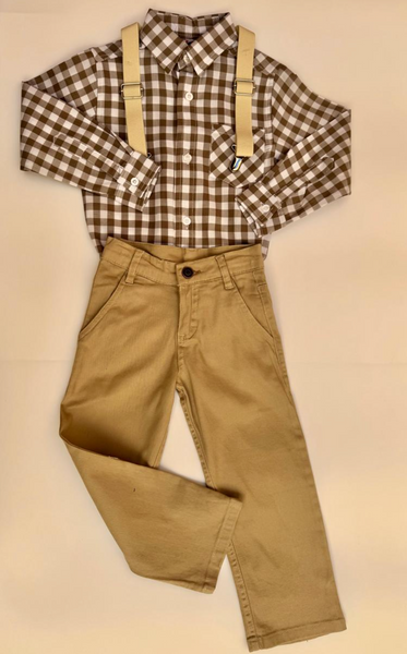 Conjunto dos piezas camisa a cuadros y pantalon caki con tirantes para niño | mexicano