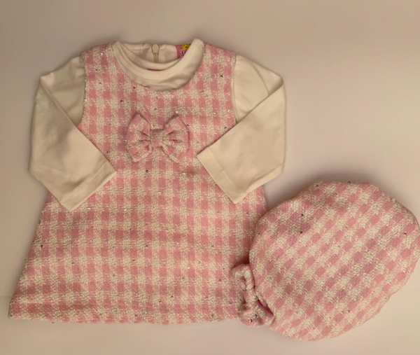 Jumper y bonete en rosita con lazo al frente y playera ivory para bebe niña | mexicano