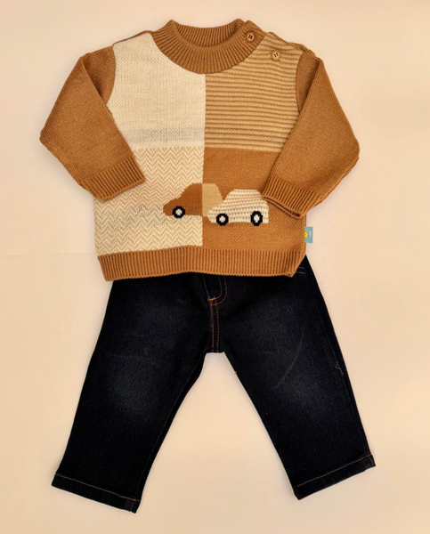 Conjunto dos piezas sueter marino o sueter caki con estampaado de carro y pantalon para bebe niño | mexicano