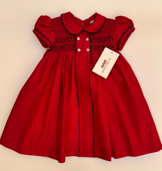 Vestido bordado hecho a mano color rojo con bordado en azul marino para niña