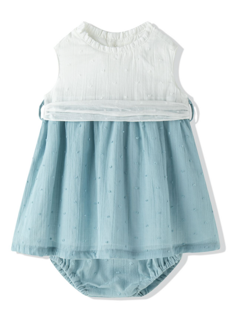 Vestido de fiesta color blanco combinado con   azul , y braguita para bebe niña | NEWNESS