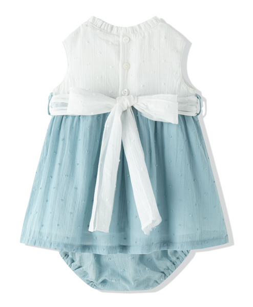 Vestido de fiesta color blanco combinado con   azul , y braguita para bebe niña | NEWNESS