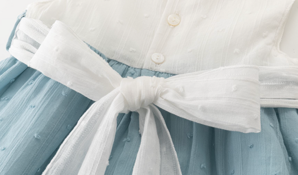 Vestido de fiesta color blanco combinado con   azul , y braguita para bebe niña | NEWNESS