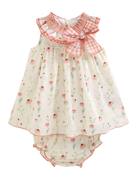 Vestido estampado color ivory con salmon, conb adorno de lazo al frente y braguita para bebe niña | NEWNESS