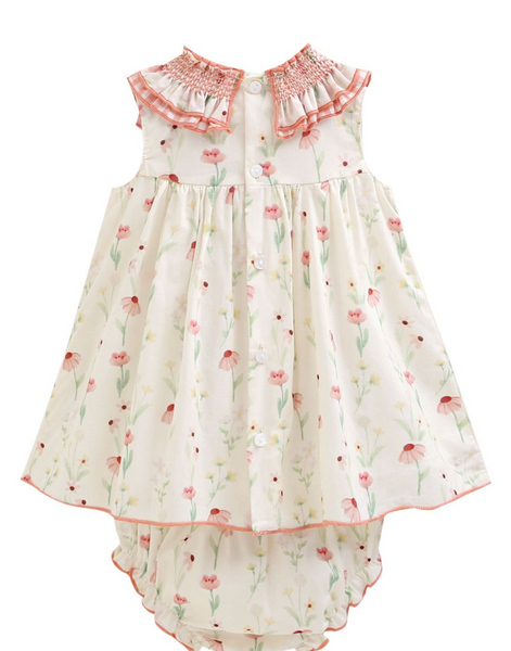 Vestido estampado color ivory con salmon, conb adorno de lazo al frente y braguita para bebe niña | NEWNESS