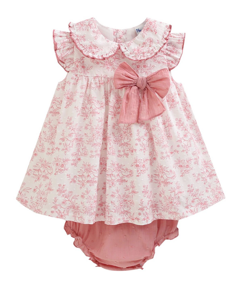 Vestido estamapado de florecitas colo rosita con lazo al frente y braguita para bebe niña. | NEWNESS