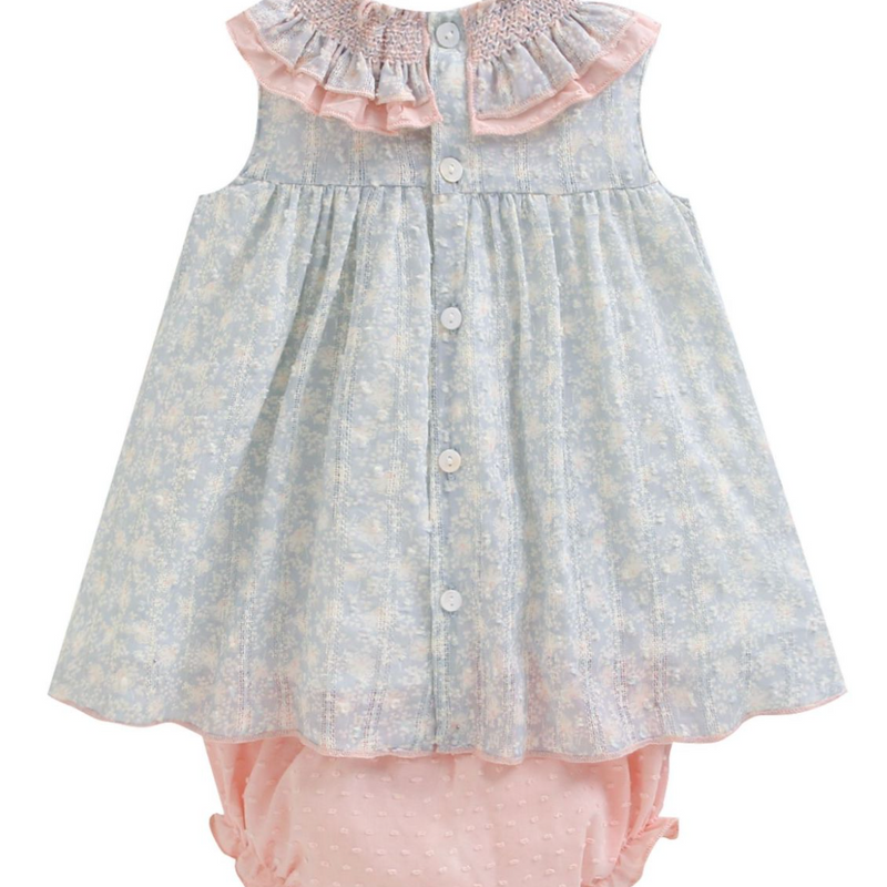 Vestido estampado color azul con rosita con lazo al frente y braguita en rosita para bebe niña | NEWNESS