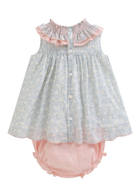 Vestido estampado color azul con rosita con lazo al frente y braguita en rosita para bebe niña | NEWNESS