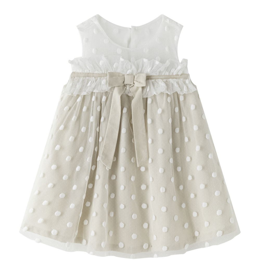Vestido de ceremonia color beige combinado con blanco y lazo al frente para niña | NEWNESS