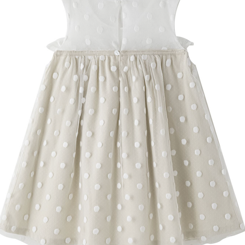 Vestido de ceremonia color beige combinado con blanco y lazo al frente para niña | NEWNESS