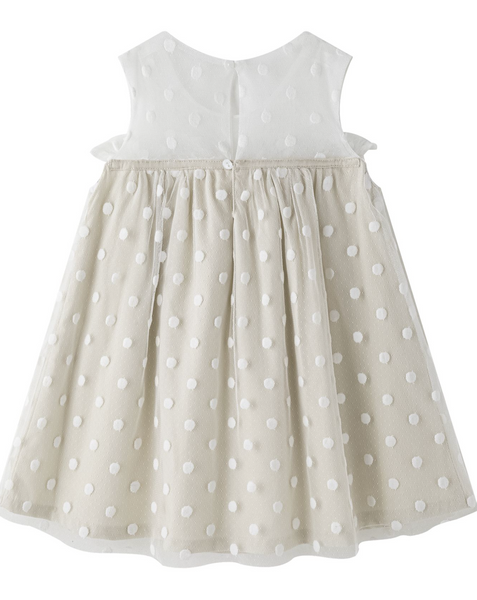 Vestido de ceremonia color beige combinado con blanco y lazo al frente para niña | NEWNESS