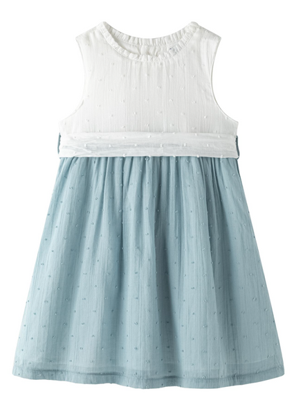 Vestido de ceremonia combiado blanco con azul y lazo por la parte de atras para niña | NEWNESS