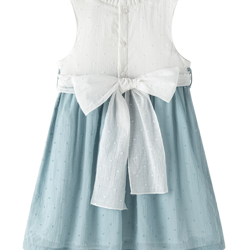 Vestido de ceremonia combiado blanco con azul y lazo por la parte de atras para niña | NEWNESS