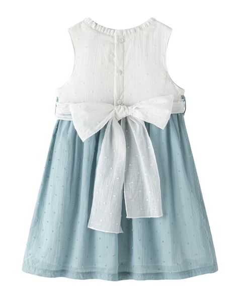 Vestido de ceremonia combiado blanco con azul y lazo por la parte de atras para niña | NEWNESS