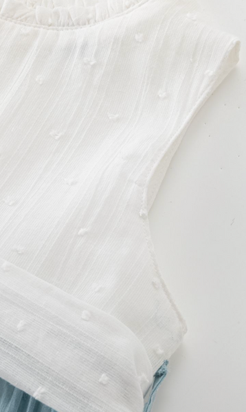 Vestido de ceremonia combiado blanco con azul y lazo por la parte de atras para niña | NEWNESS