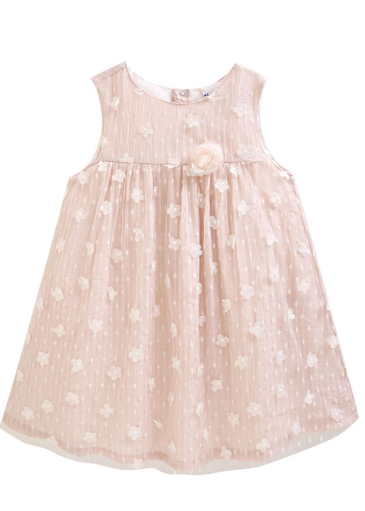 Vestido de fiesta color rosita bajito con aplicaciones de florecitas para niña | NEWNESS