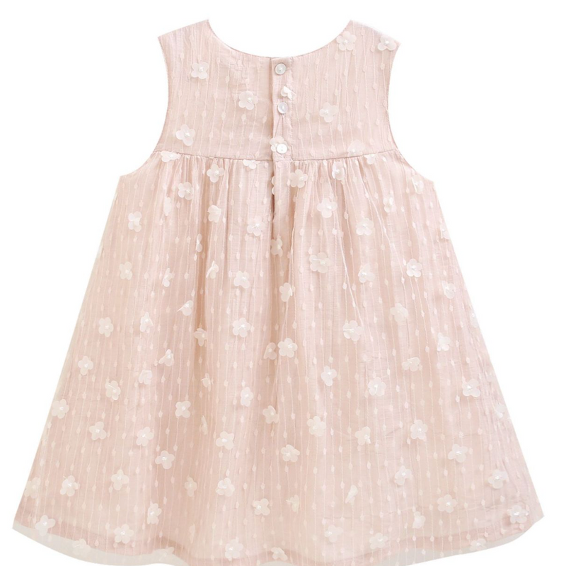 Vestido de fiesta color rosita bajito con aplicaciones de florecitas para niña | NEWNESS