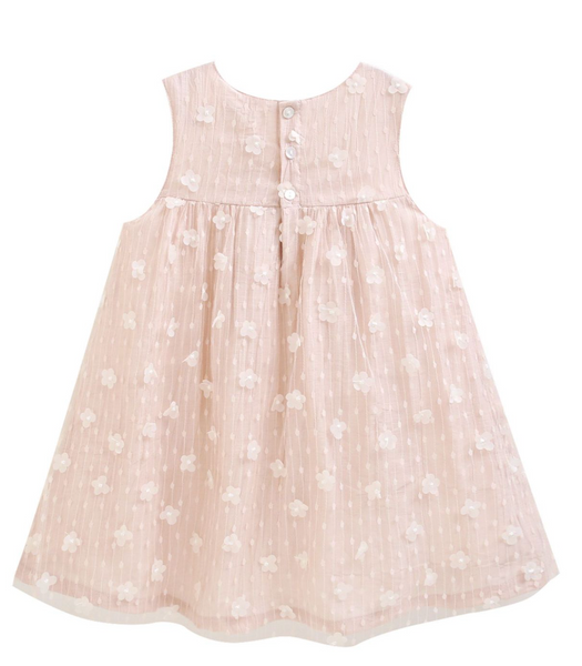 Vestido de fiesta color rosita bajito con aplicaciones de florecitas para niña | NEWNESS