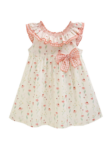 Vestido estampado color ivory con salmon  con lazo al frente para niña  | NEWNESS