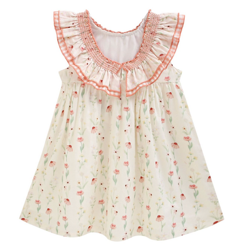 Vestido estampado color ivory con salmon  con lazo al frente para niña  | NEWNESS