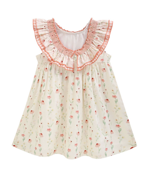 Vestido estampado color ivory con salmon  con lazo al frente para niña  | NEWNESS