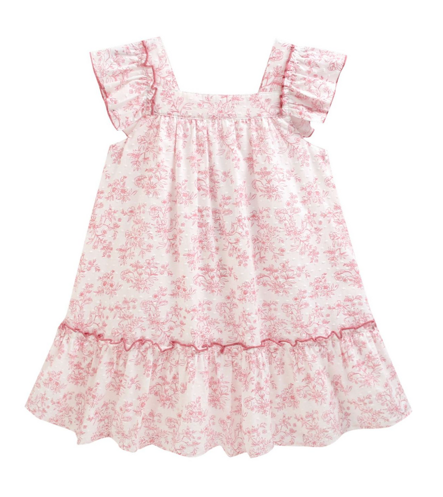 Vestido estampado color rosita con olan en los hombros y la parte de abajo para niña | NEWNESS