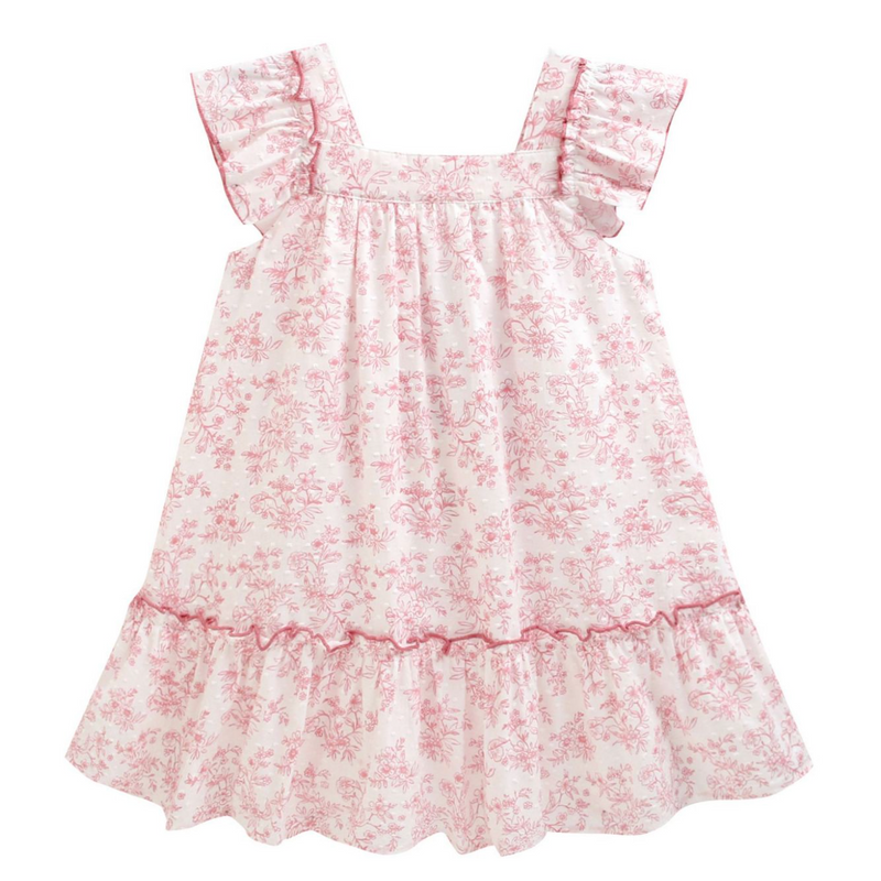 Vestido estampado color rosita con olan en los hombros y la parte de abajo para niña | NEWNESS