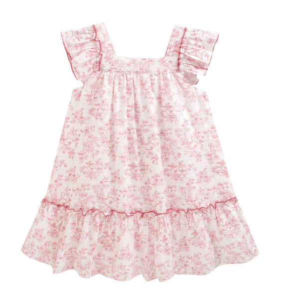 Vestido estampado color rosita con olan en los hombros y la parte de abajo para niña | NEWNESS