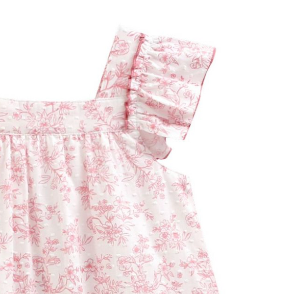 Vestido estampado color rosita con olan en los hombros y la parte de abajo para niña | NEWNESS