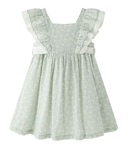 Vestido estampado color verde bajito con olanes en los hombros y lazo por la parte de atras para niña | NEWNESS