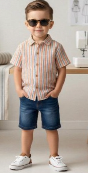 Conjunto dos piezas camisa a rayas y short de mezclilla para niño | MEXICANO