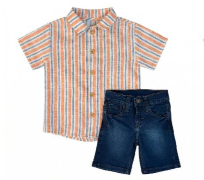 Conjunto dos piezas camisa a rayas y short de mezclilla para niño | MEXICANO