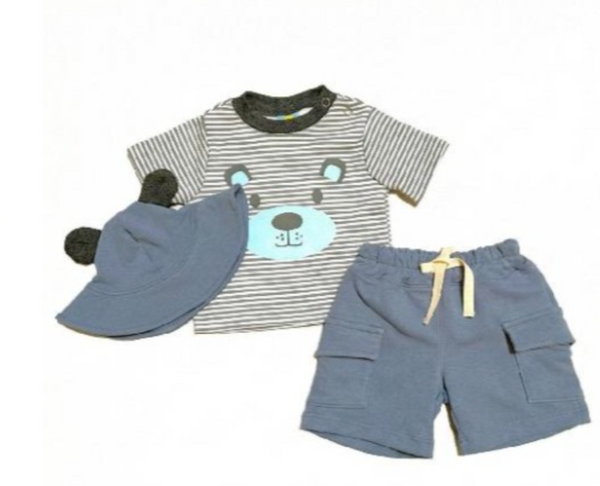 Conjunto tres piezas playera  estampada y short y gorra azul para bebe niño | MEXICAN0