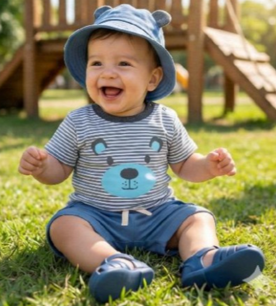 Conjunto tres piezas playera  estampada y short y gorra azul para bebe niño | MEXICAN0