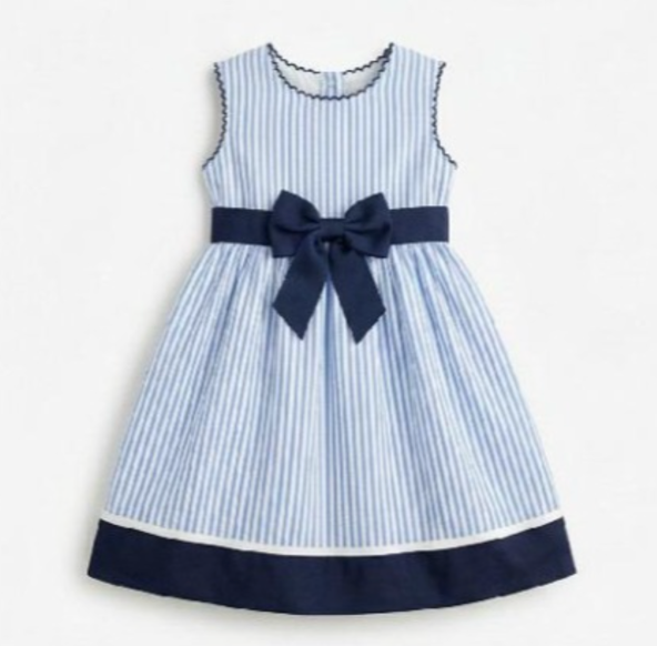 Vestido azul de rayas con lazo y franja en marino para niña | MEXICANO