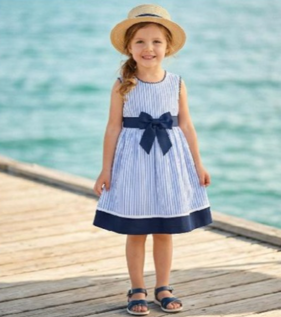 Vestido azul de rayas con lazo y franja en marino para niña | MEXICANO