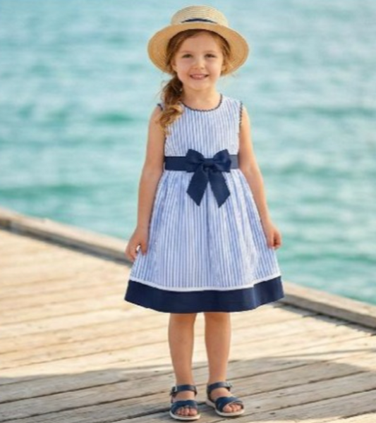 Vestido azul de rayas con lazo y franja en marino para niña | MEXICANO