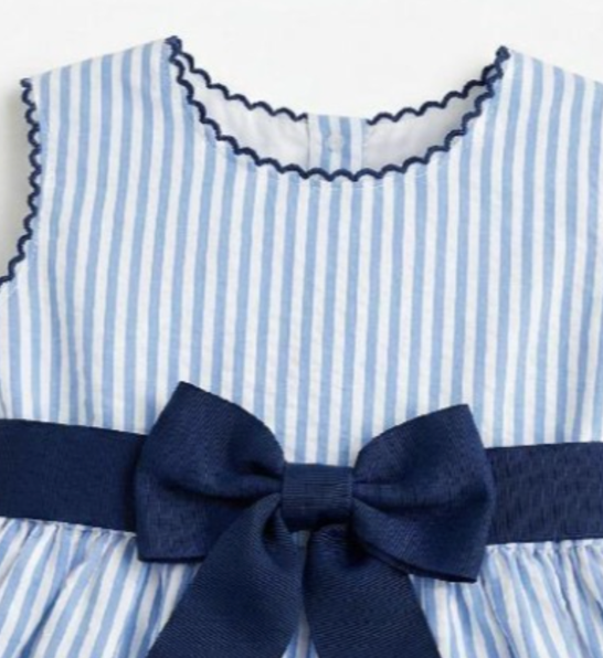 Vestido azul de rayas con lazo y franja en marino para niña | MEXICANO