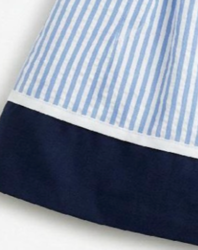 Vestido azul de rayas con lazo y franja en marino para niña | MEXICANO
