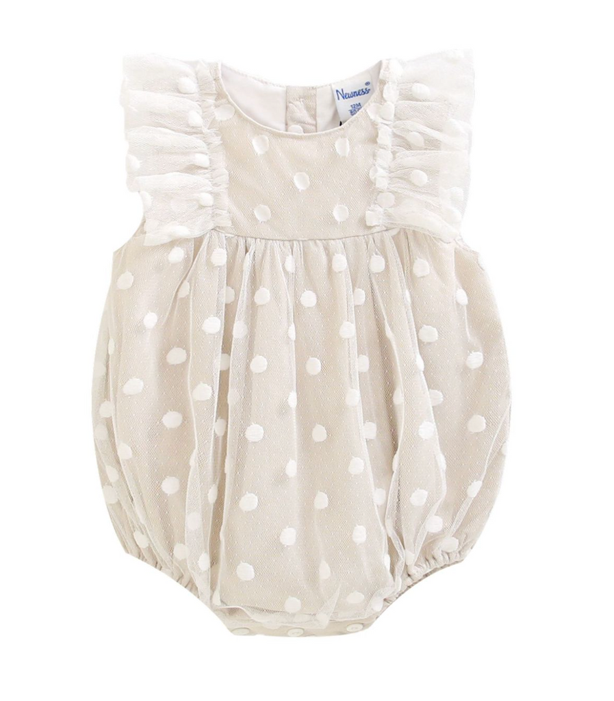 Pañalero color beige  con adorno de olan en los hombros y lunares para bebe niña| NEWNESS
