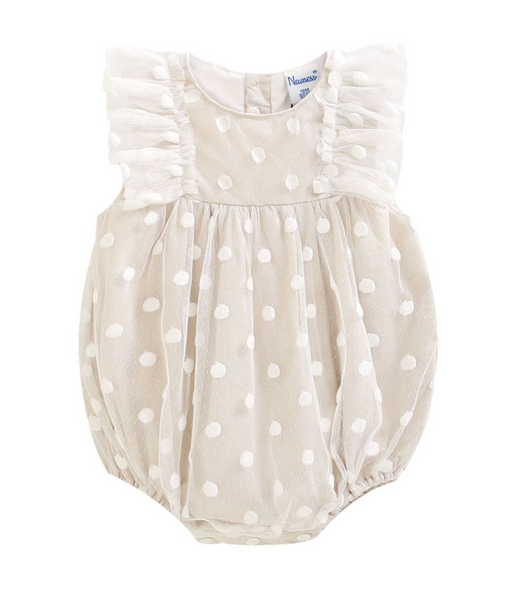 Pañalero color beige  con adorno de olan en los hombros y lunares para bebe niña| NEWNESS