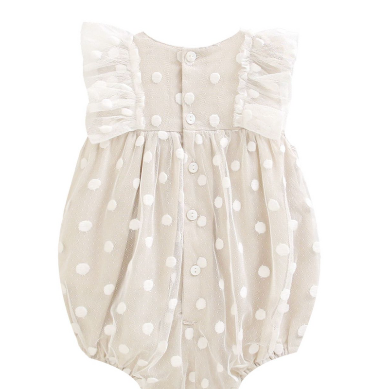 Pañalero color beige  con adorno de olan en los hombros y lunares para bebe niña| NEWNESS